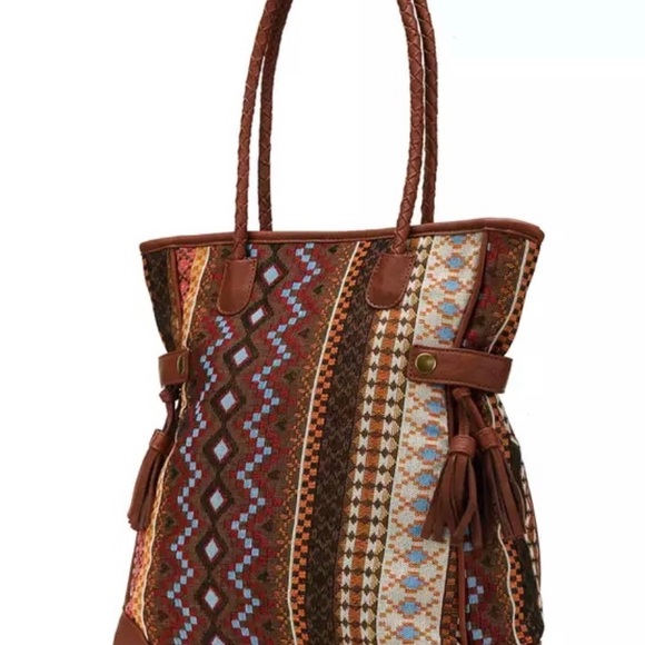 NWT Boho Brown Patterned Shoulder Bag Tote - Picture 5 of 5